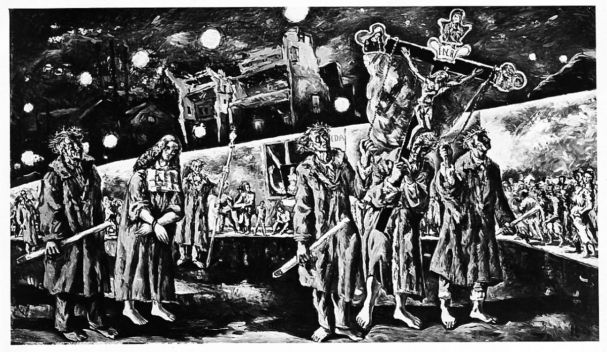 Processione degli scalzi coronati, processione (dipinto) di Lotti Dilvo (sec. XX)