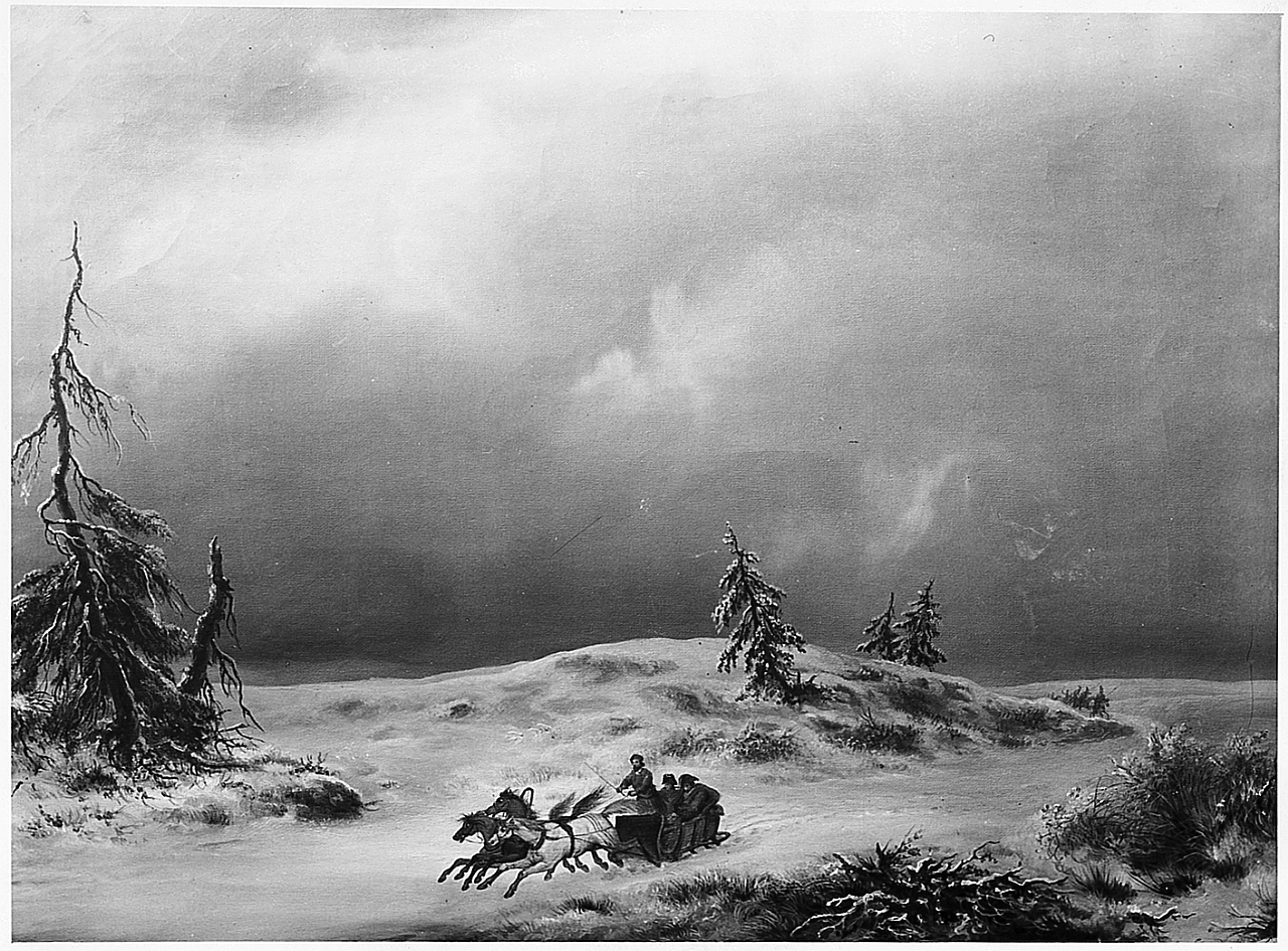 Napoleone in slitta sulla Beresina, paesaggio invernale con Napoleone in slitta (dipinto) di Morghen Antonio (sec. XIX)