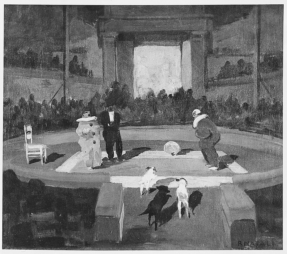 interno con figure e animali (dipinto) di Natali Renato (sec. XX)