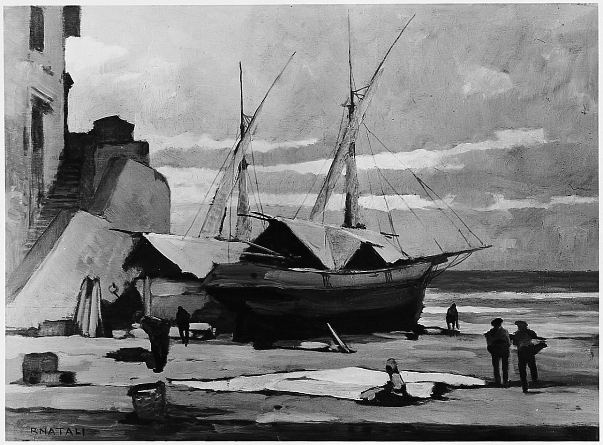 Barche sulla spiaggia, paesaggio marino con barca (dipinto) di Natali Renato (sec. XX)