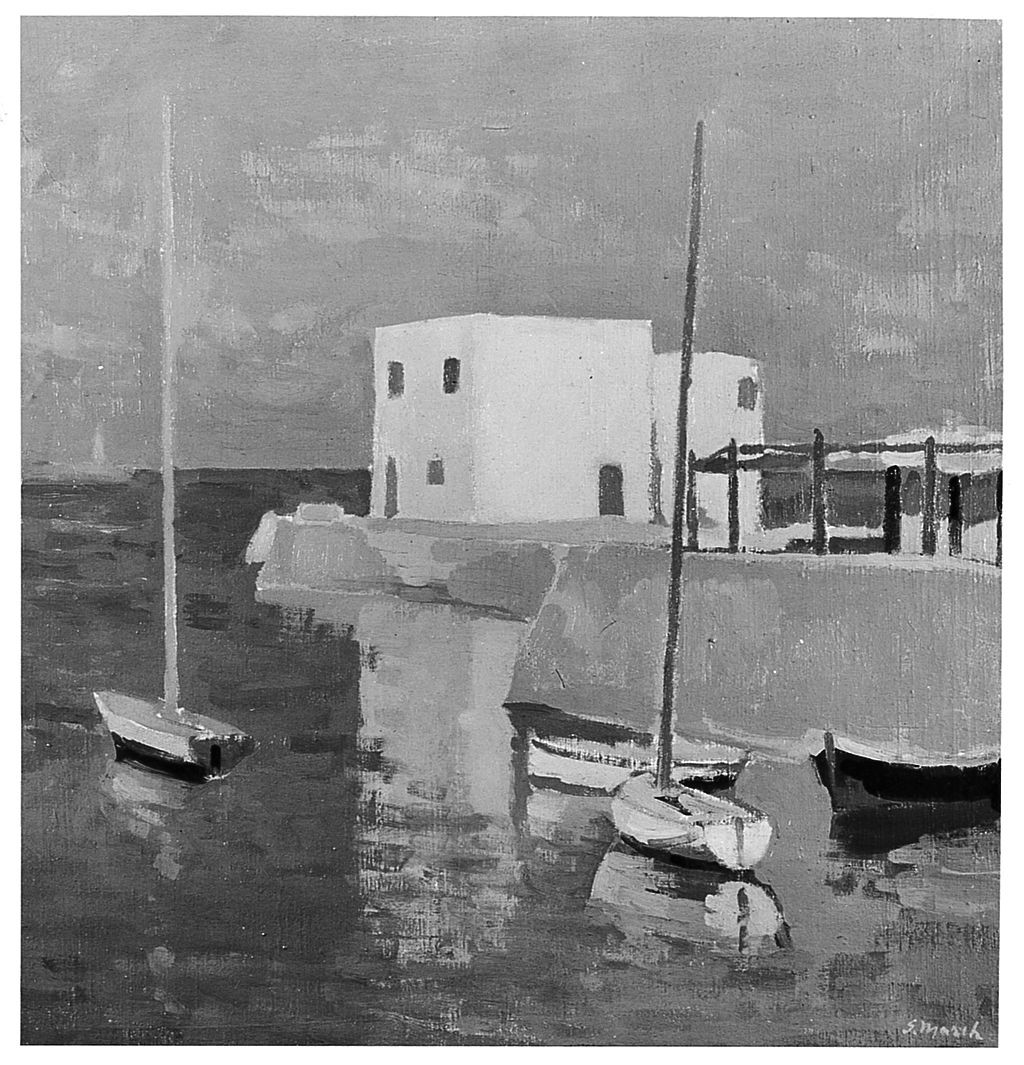 Case sul mare, paesaggio marino con barche (dipinto) di March Giovanni (sec. XX)