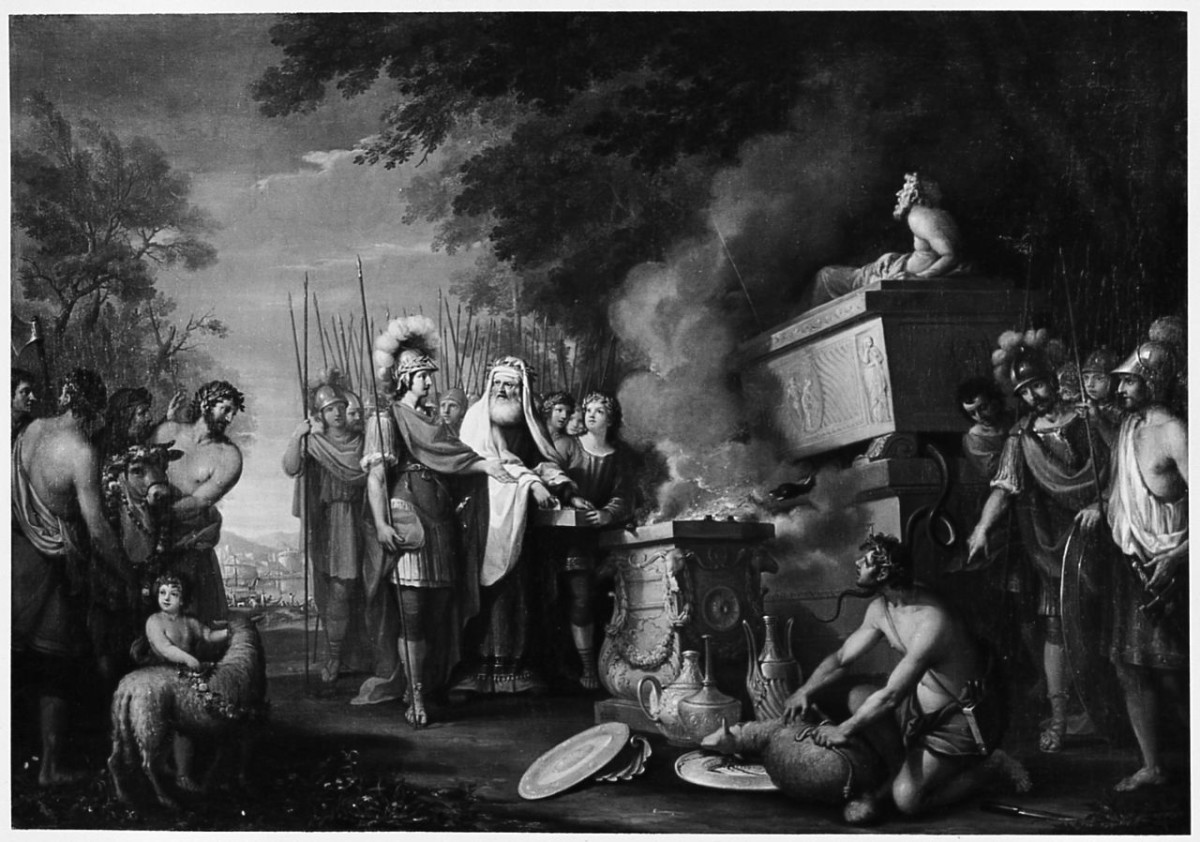 Il sacrificio di Calcante, scena mitologica (dipinto) di Pacini Sante (sec. XVIII)