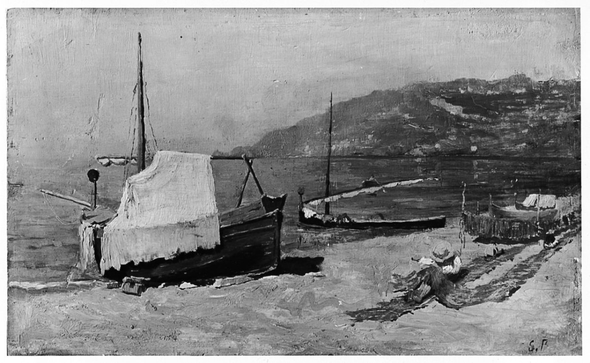 Barche sulla spiaggia, paesaggio marino con barche (dipinto) di Petruolo Salvatore (sec. XIX)