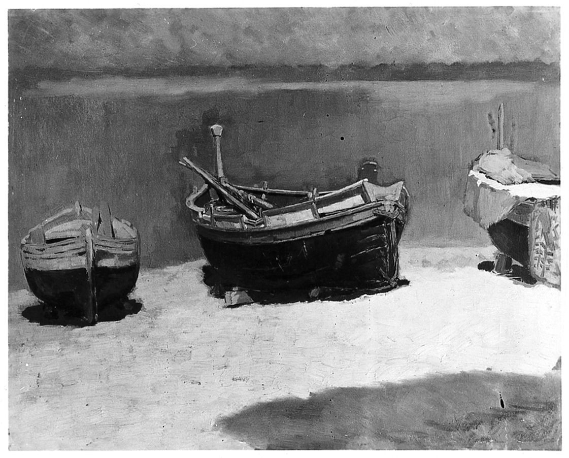 paesaggio marino con barche (dipinto) di Piccinni Antonio (sec. XX)