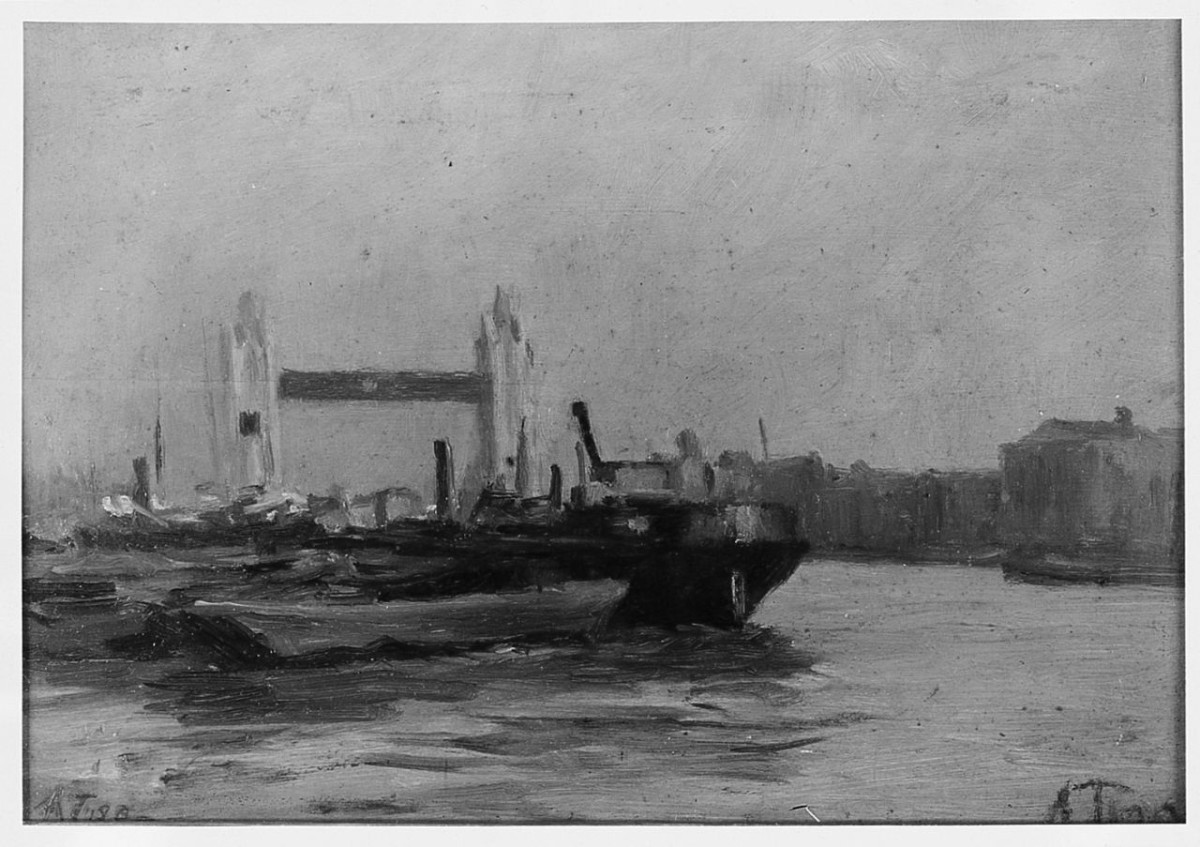 Ponte sul Tamigi (Tower Bridge) (dipinto) di Pisa Alberto (sec. XX)