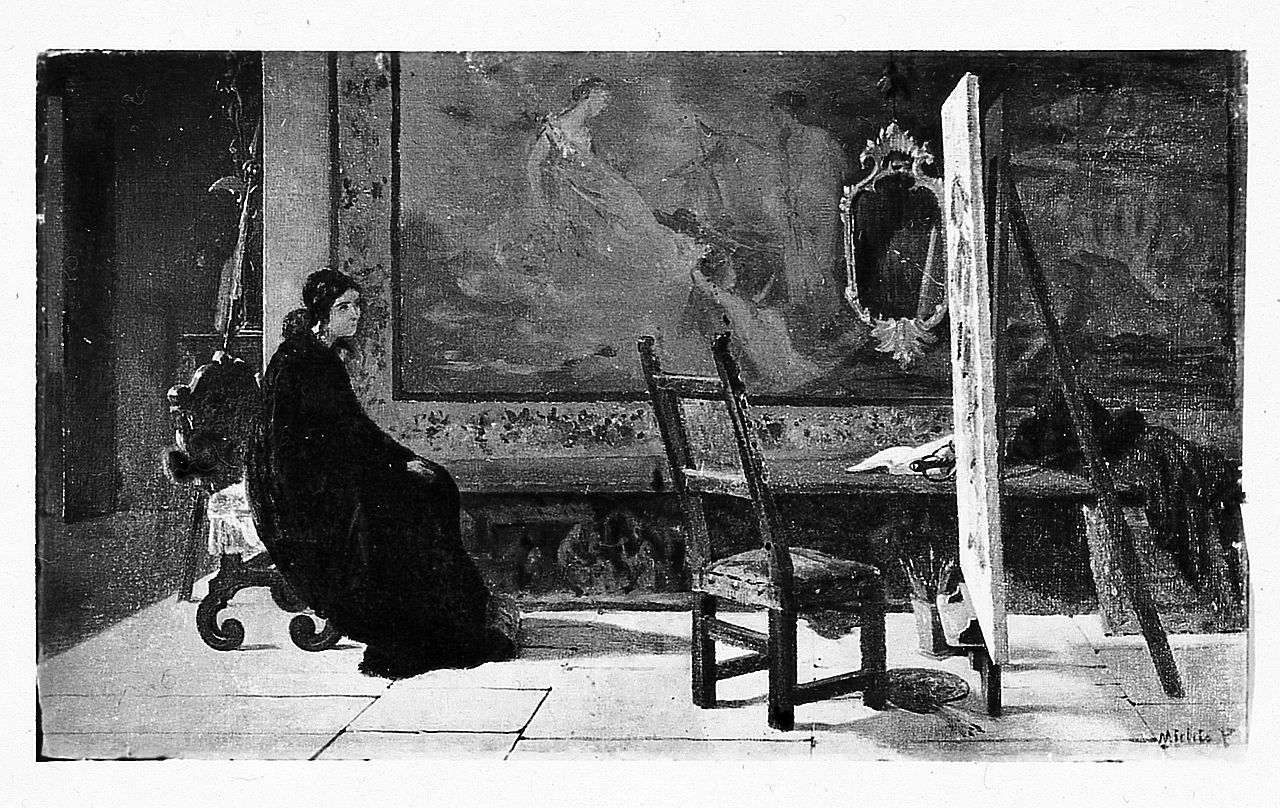 La vedova dellartista, interno con figura femminile (dipinto) di Michis Pietro (sec. XX)