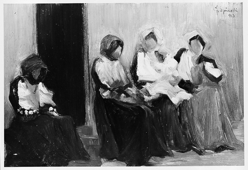 Nella via (Costumi sardi), donne sedute lungo la via (dipinto) di Spinelli Gaetano (sec. XX)
