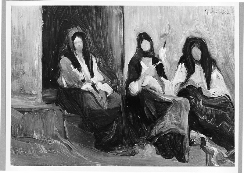Sulla soglia (Costumi sardi), donne sedute lungo la via (dipinto) di Spinelli Gaetano (sec. XX)