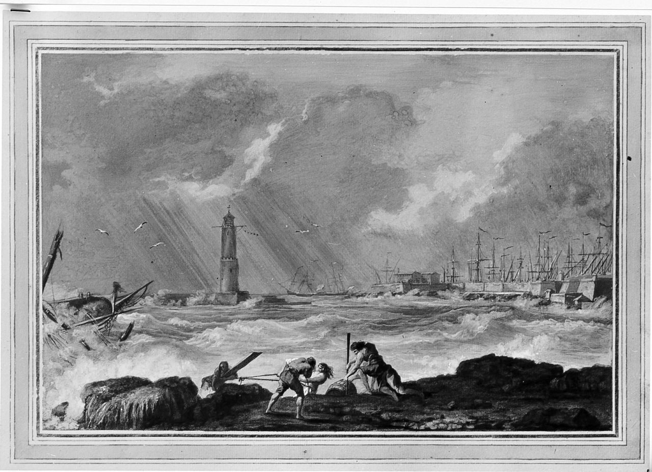 porto di Livorno con mare in tempesta (dipinto) di Terreni Giuseppe Maria (fine sec. XVIII)