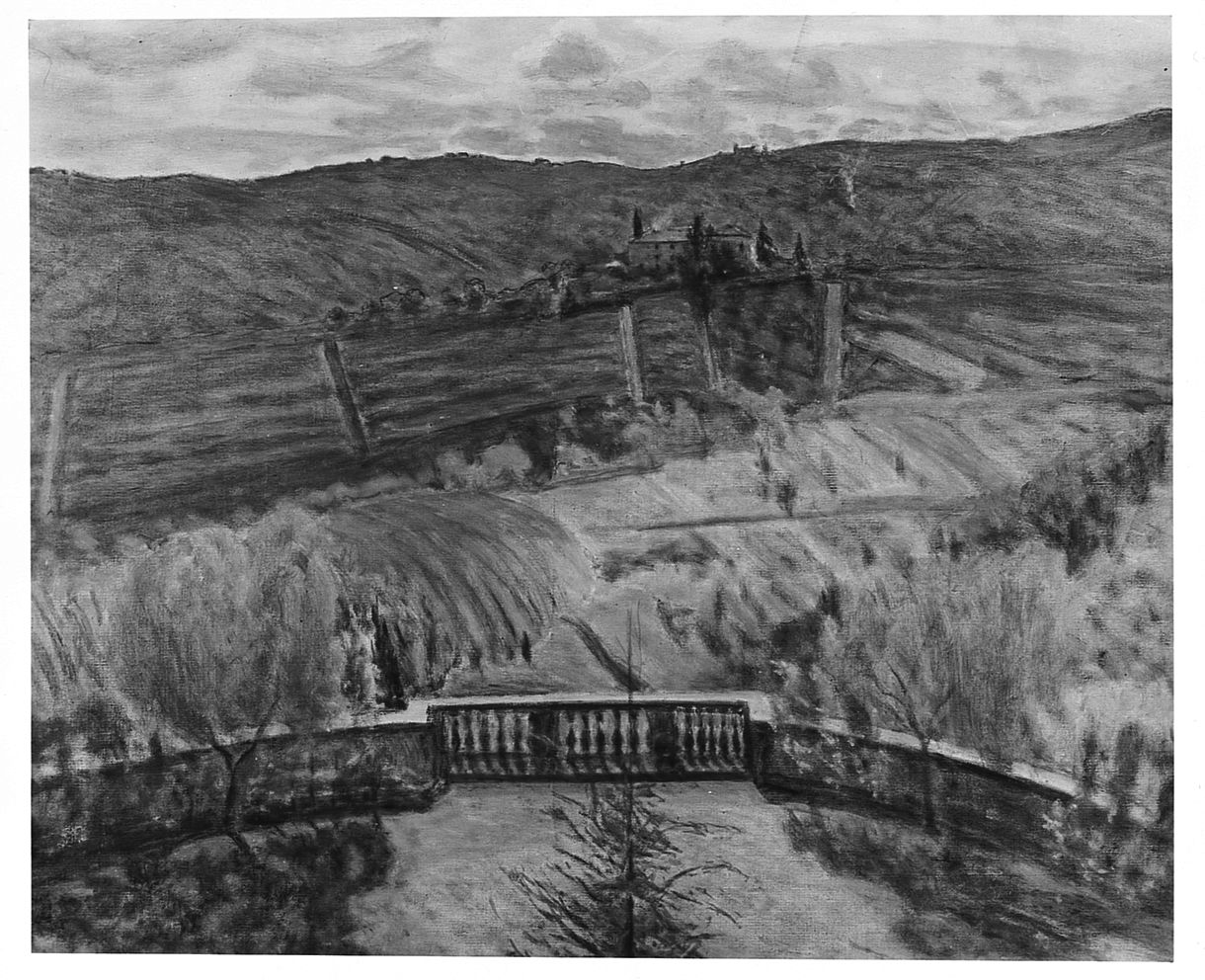 La terrazza, terrazza con paesaggio (dipinto) di Torchi Angelo (inizio sec. XX)