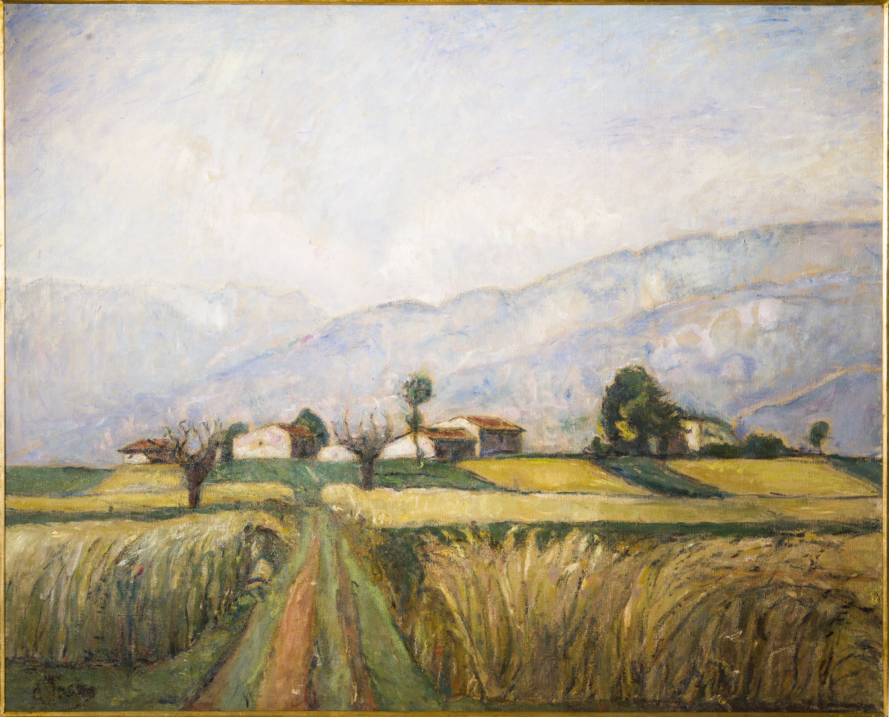 La messe, paesaggio rurale (dipinto) di Tosi Arturo (sec. XX)