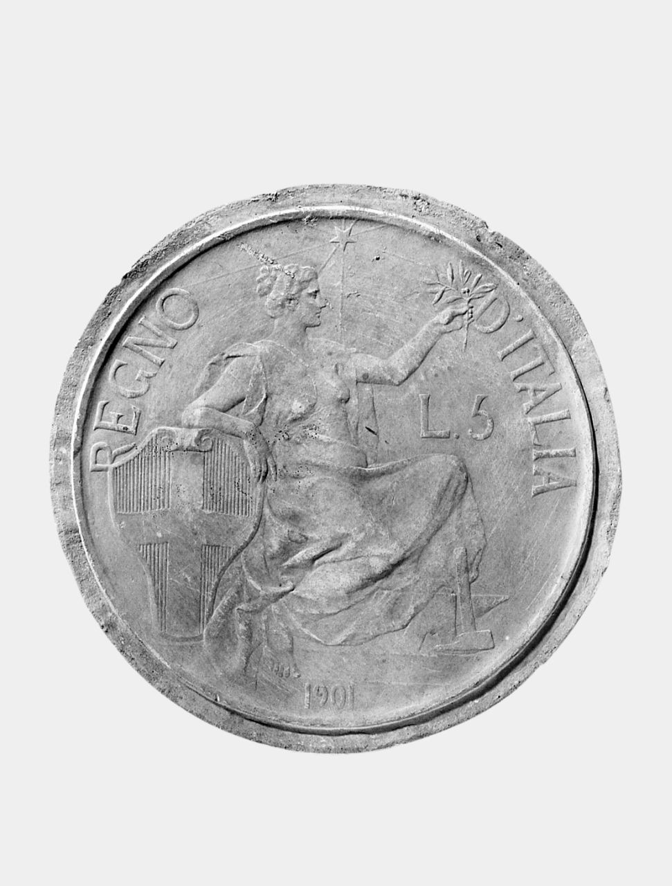 Moneta da 5 lire, figura allegorica femminile (calco di medaglione) di Trentacoste Domenico (sec. XX)