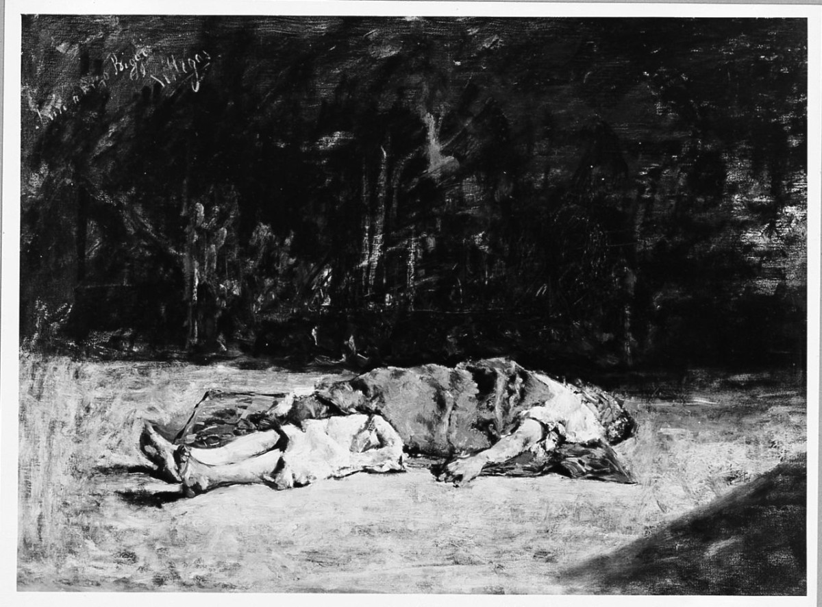 Cadavere, figura maschile distesa (dipinto) di Villegas y Cordero Jose (inizio sec. XX)