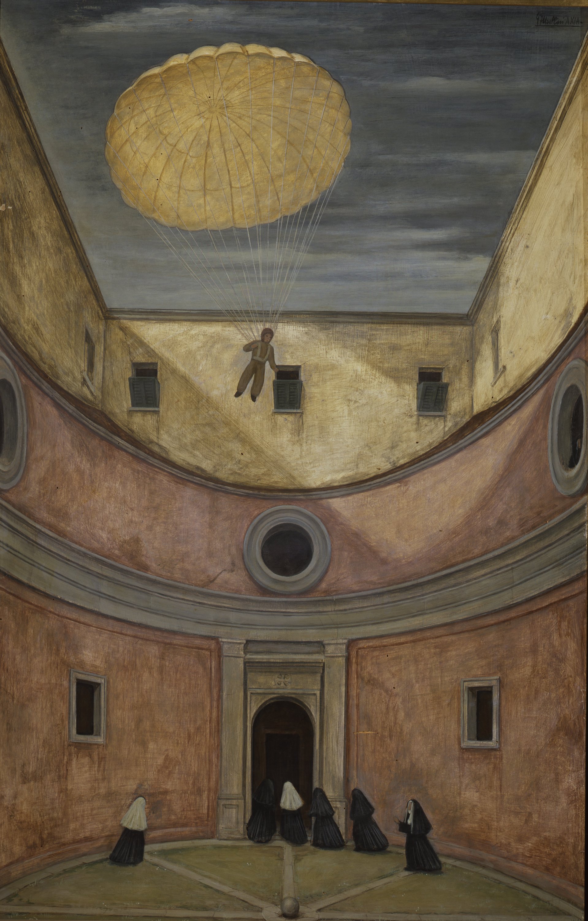 Il paracadute, paracadutista (dipinto) di Usellini Gianfilippo (sec. XX)