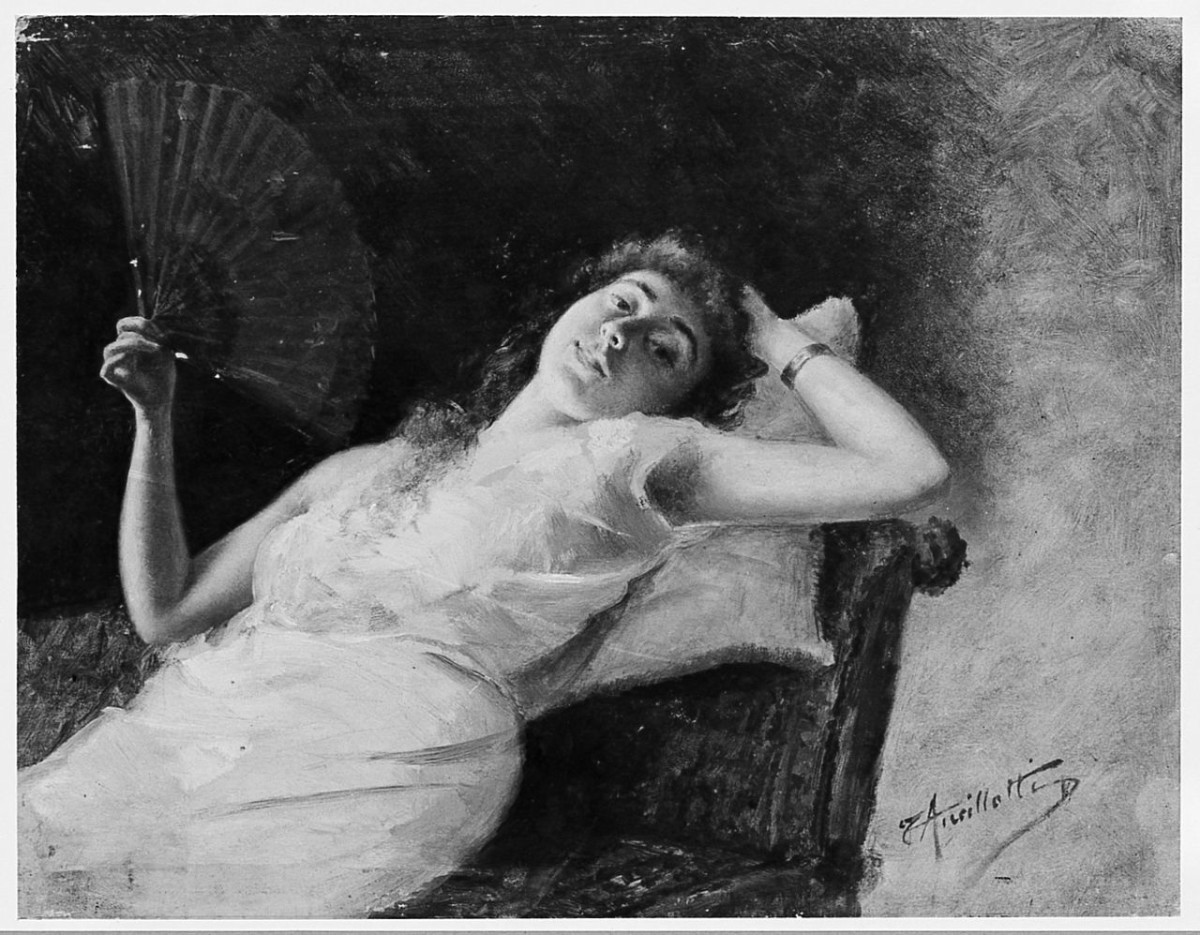 Ah! Qu'il fait chaud, interno con figura femminile (dipinto) di Ancillotti Torello (sec. XIX)