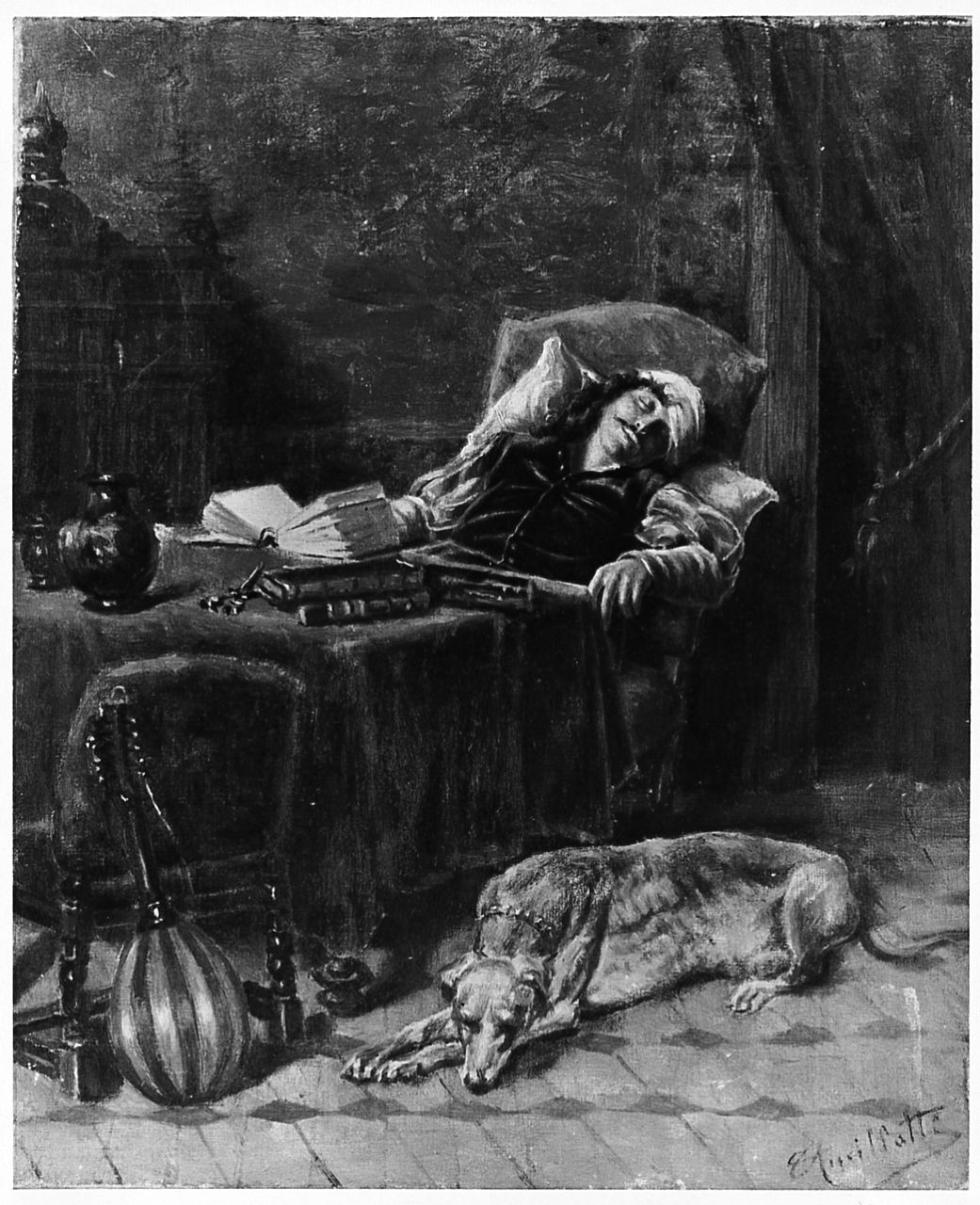 Blesse, figura maschile con cane (dipinto) di Ancillotti Torello (sec. XIX)