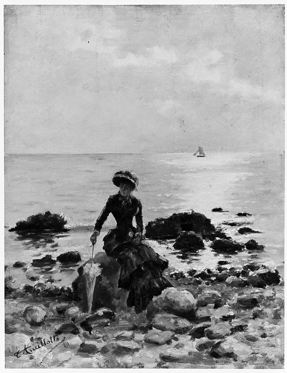 En rêvant (Dame sur un rocher), paesaggio marino con figura femminile (dipinto) di Ancillotti Torello (sec. XIX)