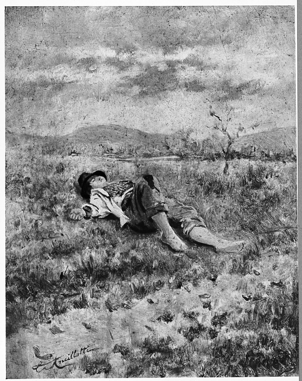 Meriggio, paesaggio con figura maschile addormentata (dipinto) di Ancillotti Torello (sec. XIX)