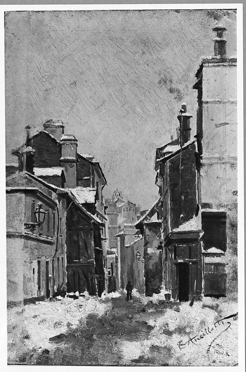 Une route sous la neige, veduta di Rouen (dipinto) di Ancillotti Torello (sec. XIX)