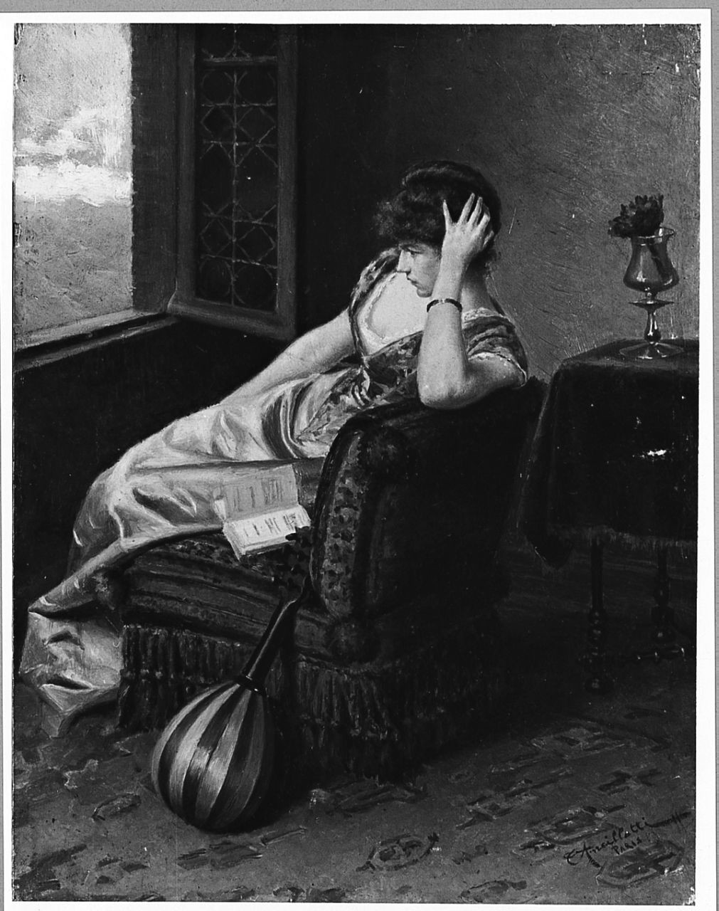 Tristesse, interno con figura femminile (dipinto) di Ancillotti Torello (sec. XIX)