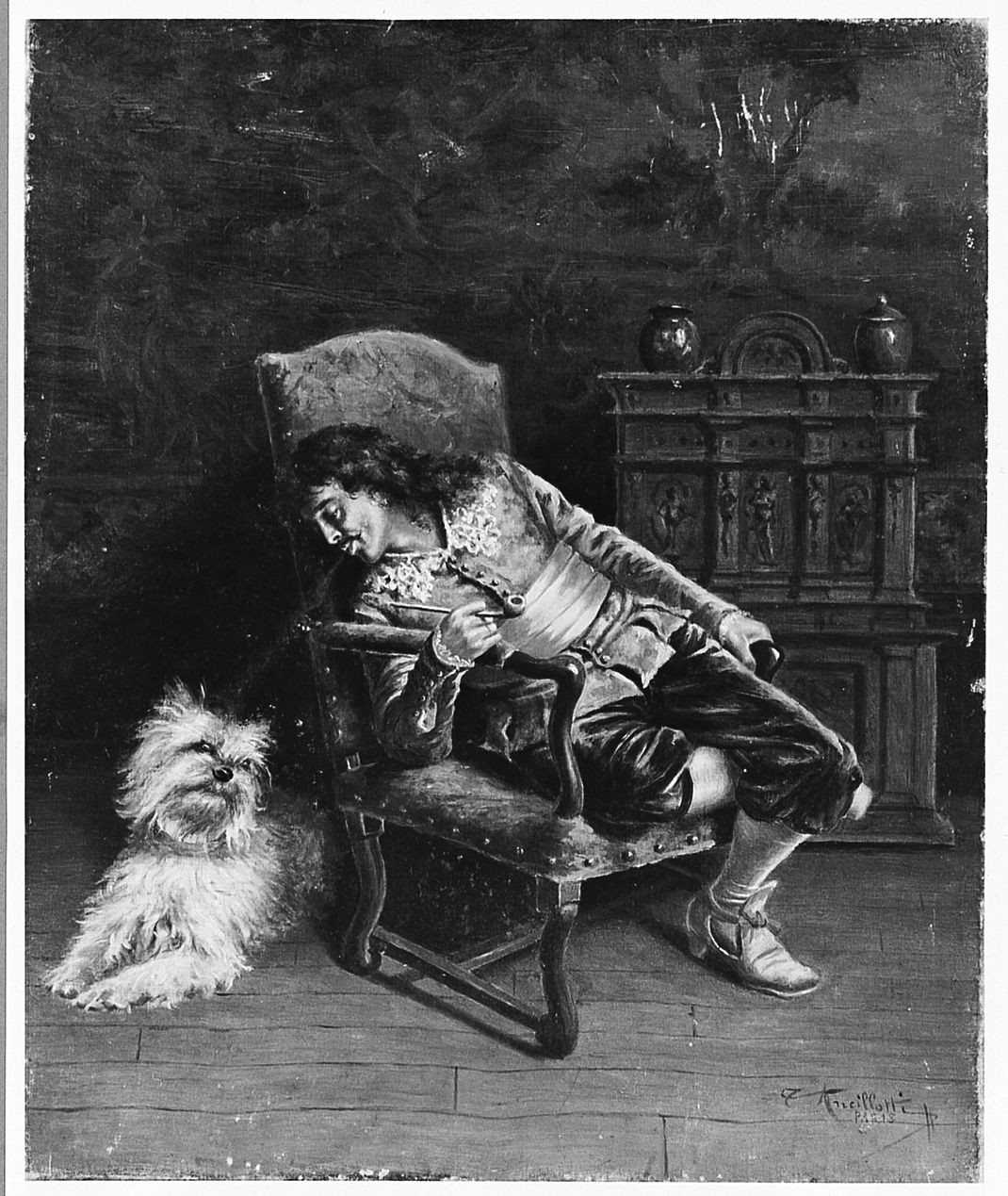 Taquinerie, figura maschile con cane (dipinto) di Ancillotti Torello (sec. XIX)