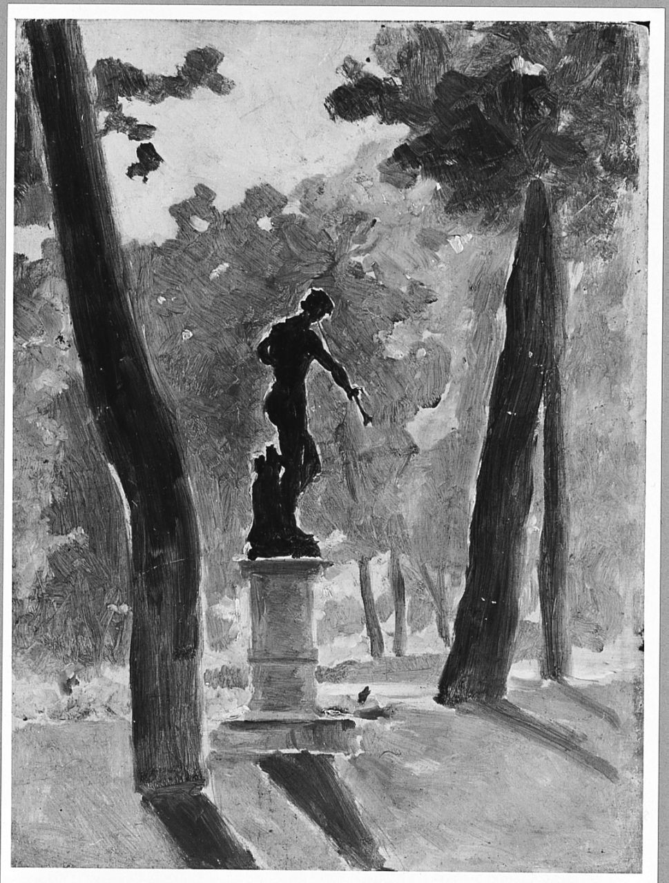 Statua nel parco, giardino (dipinto) di Ancillotti Torello (sec. XIX)