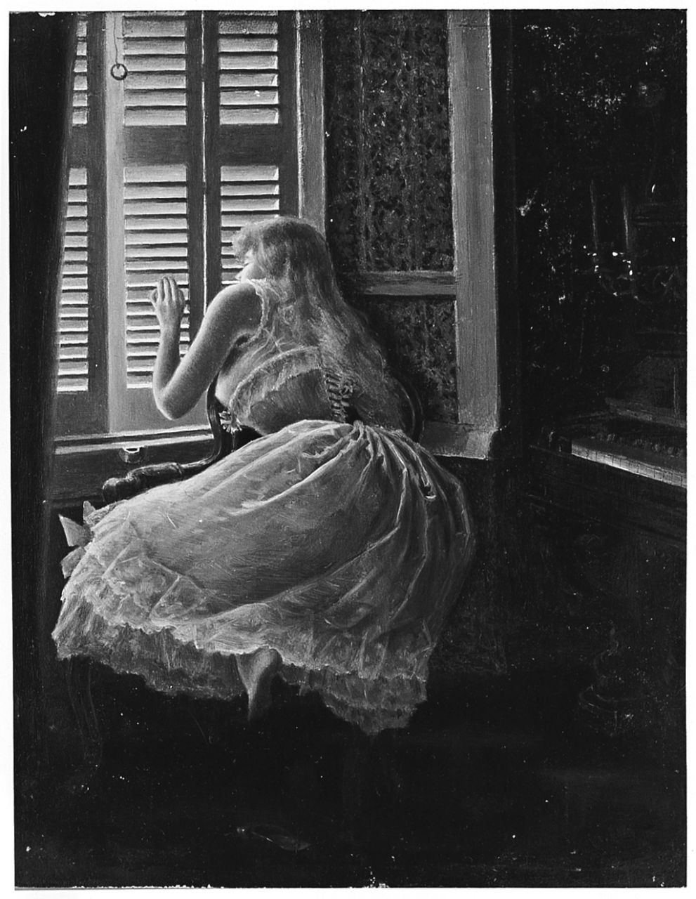 C'est bien lui!, interno con figura femminile (dipinto) di Ancillotti Torello (sec. XIX)