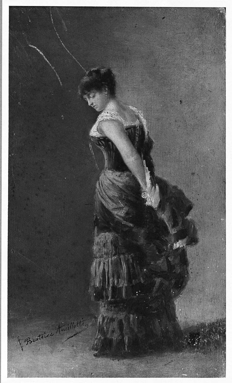 Signora che si spoglia, figura femminile (dipinto) di Ancillotti Goretti Beatrice (primo quarto sec. XX)