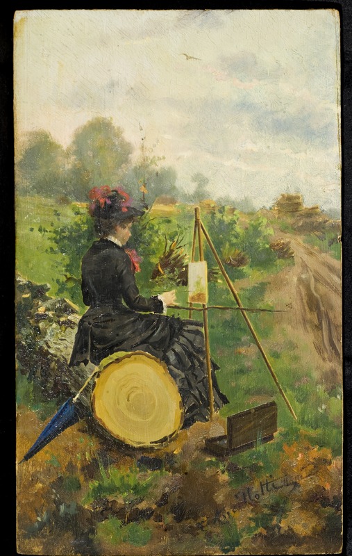 La pittrice, paesaggio con pittrice (dipinto) di Ancillotti Torello (sec. XIX)