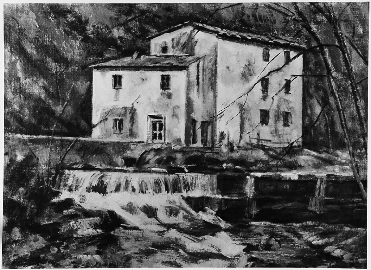 Il mulino della Bure, paesaggio (dipinto) di Bugiani Pietro (sec. XX)
