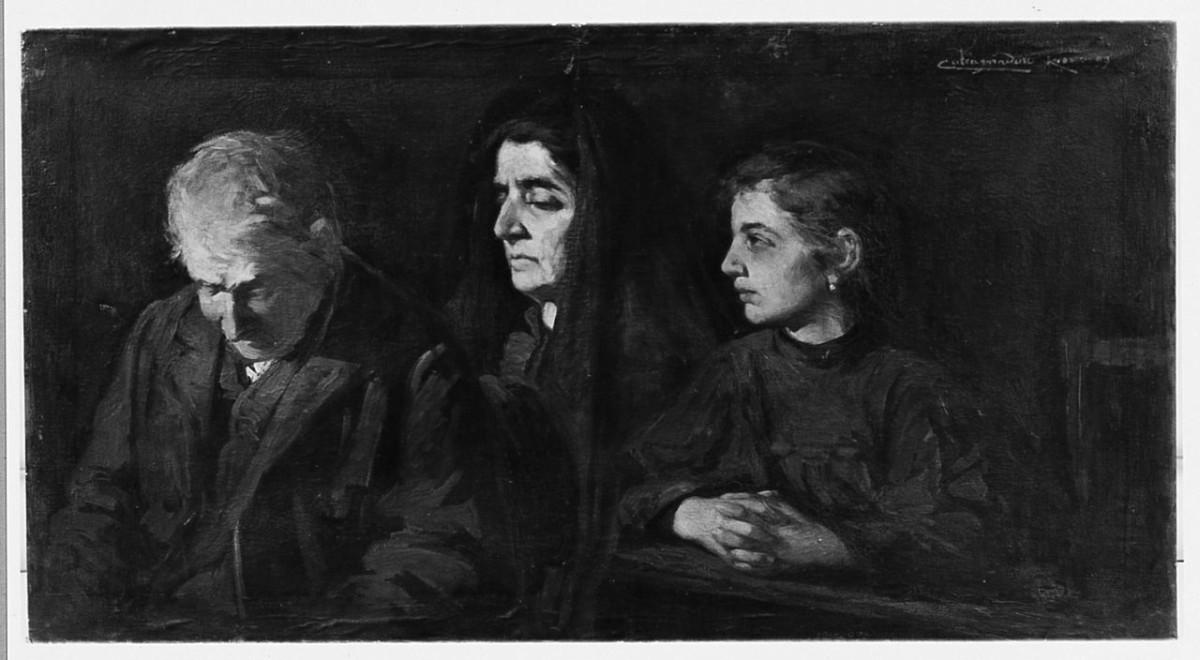 Anziani in preghiera, figure maschili e femminili (dipinto) di Calcagnadoro Antonino (sec. XIX)