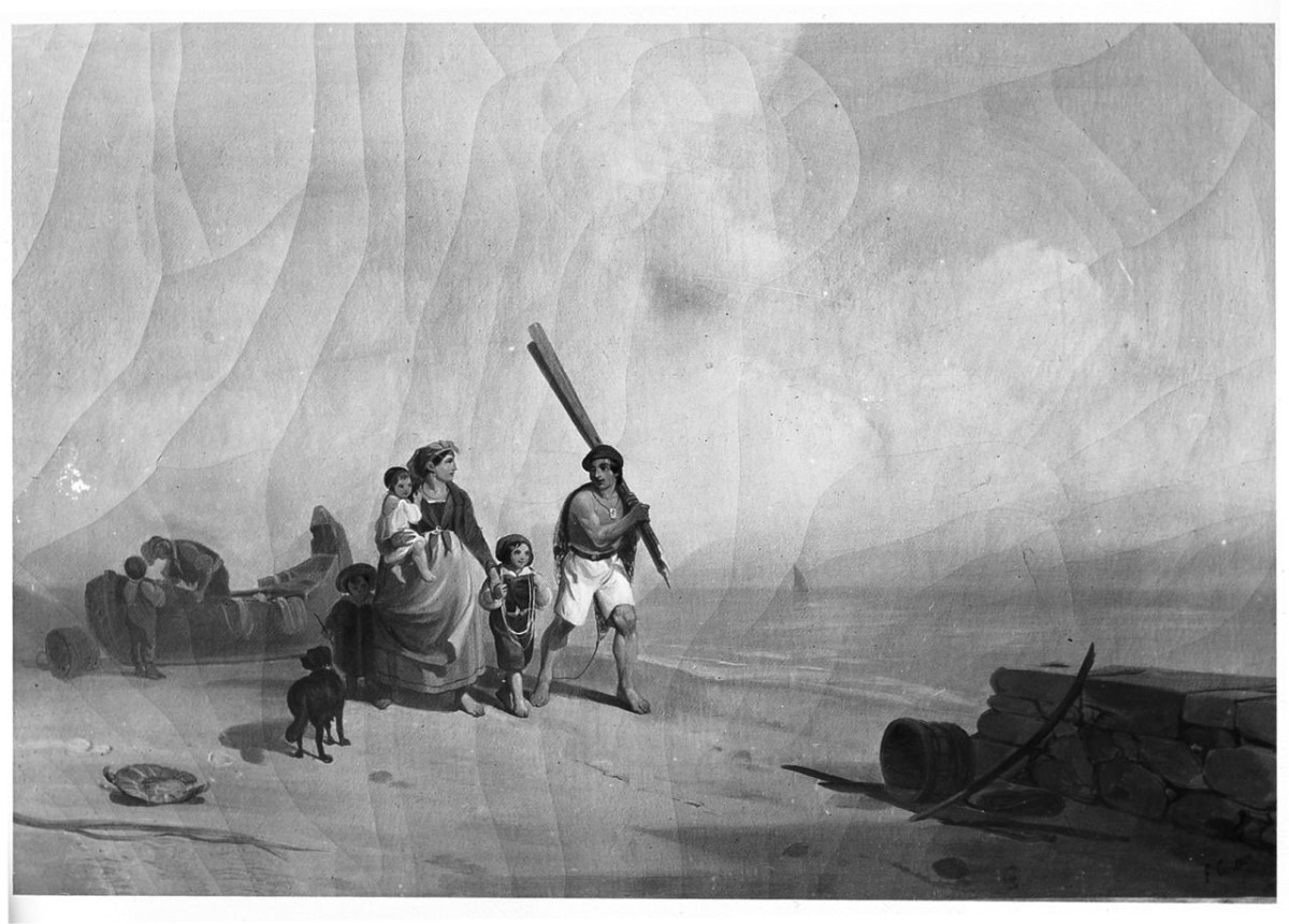 Famiglia di pescatori napoletani, paesaggio con figure (dipinto) - ambito italiano (sec. XIX)
