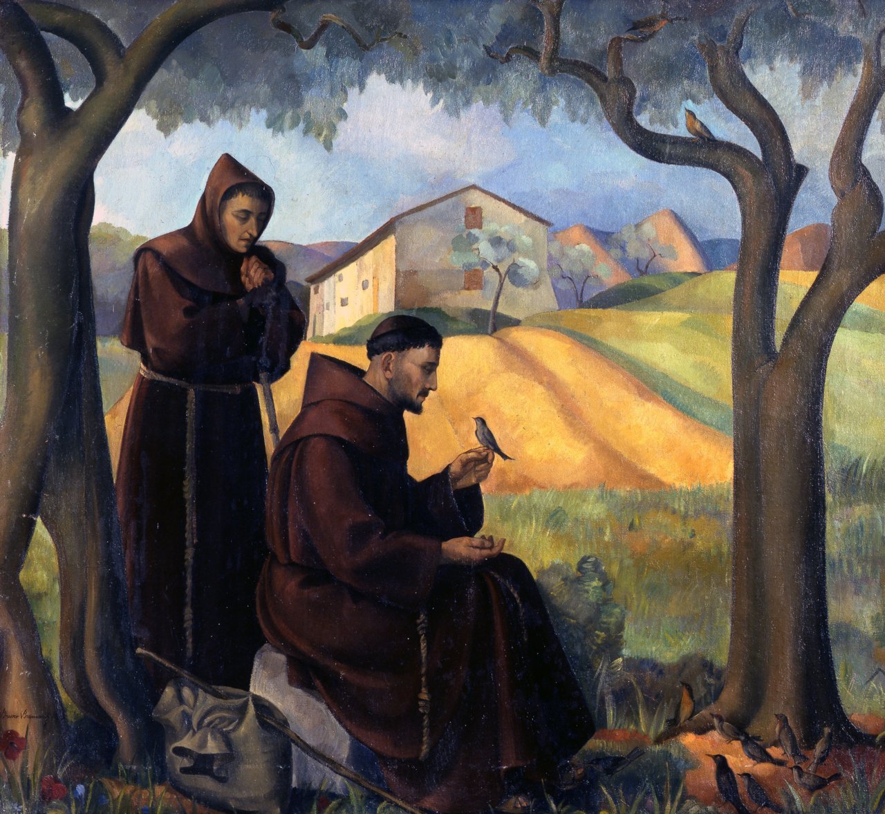San Francesco d'Assisi predica agli uccelli (dipinto) di Bramanti Bruno (sec. XX)