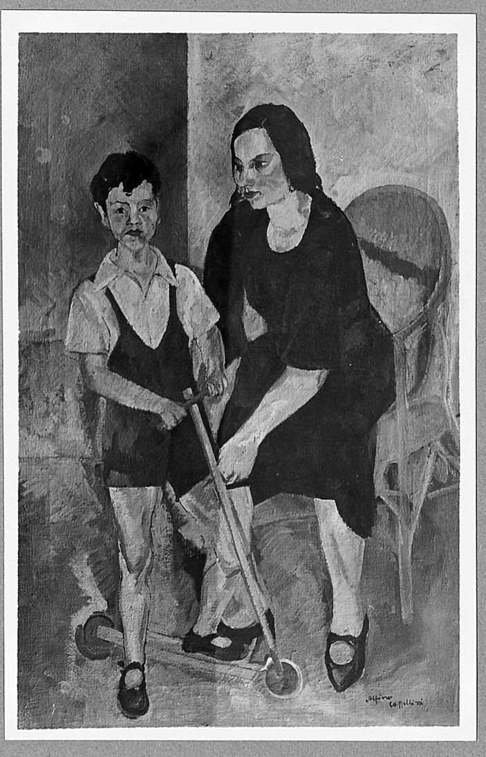 figura femminile con bambino (dipinto) di Cappellini Alfiero (sec. XX)