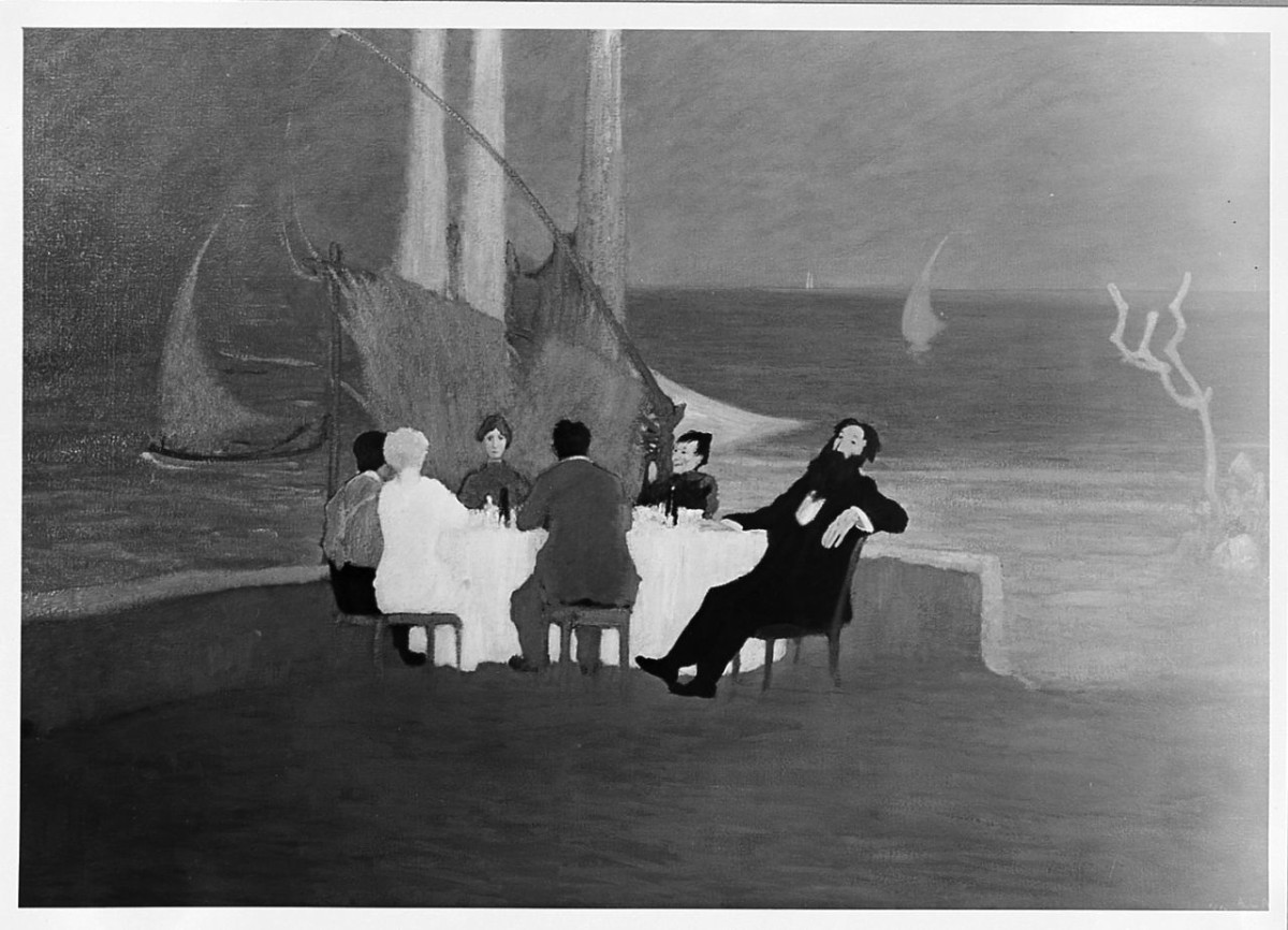 Dopocena, figure maschili e femminili (dipinto) di Carpi Da Resmini Aldo (sec. XX)