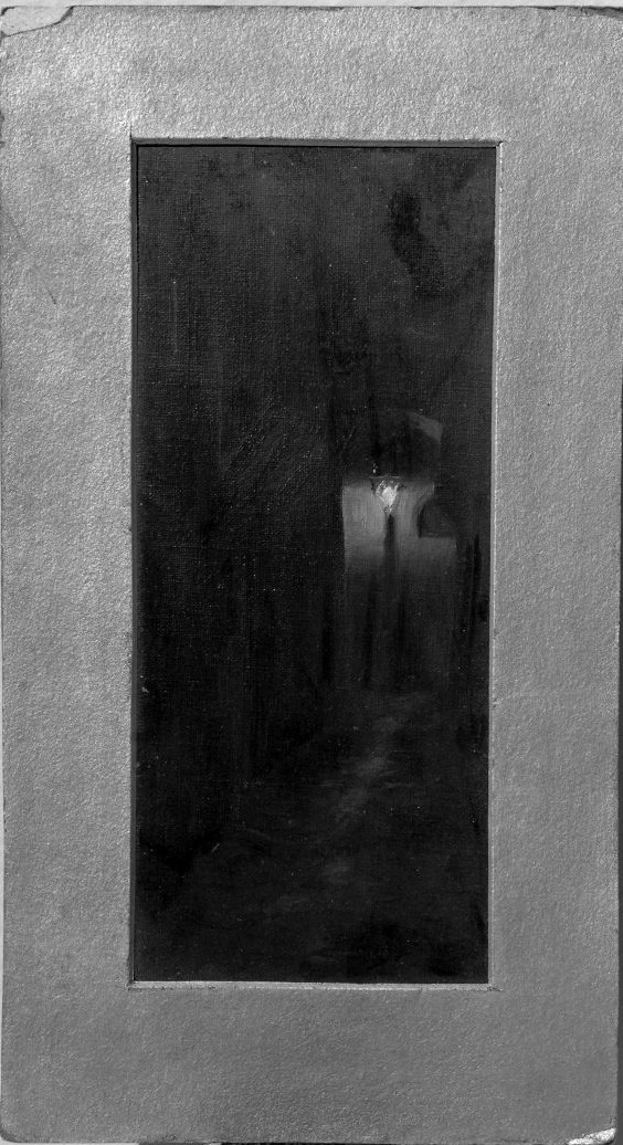 Strada di notte (Notturno), veduta di paese (dipinto) di Massani Pompeo (sec. XX)