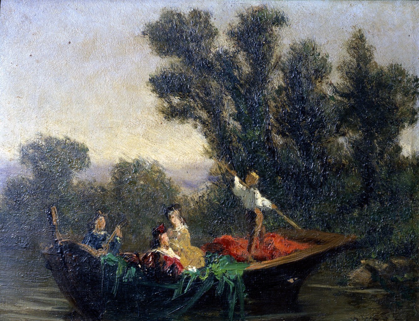 Studio per una serenata in barca sul fiume, paesaggio con figure (dipinto) di Celentano Bernardo (sec. XIX)