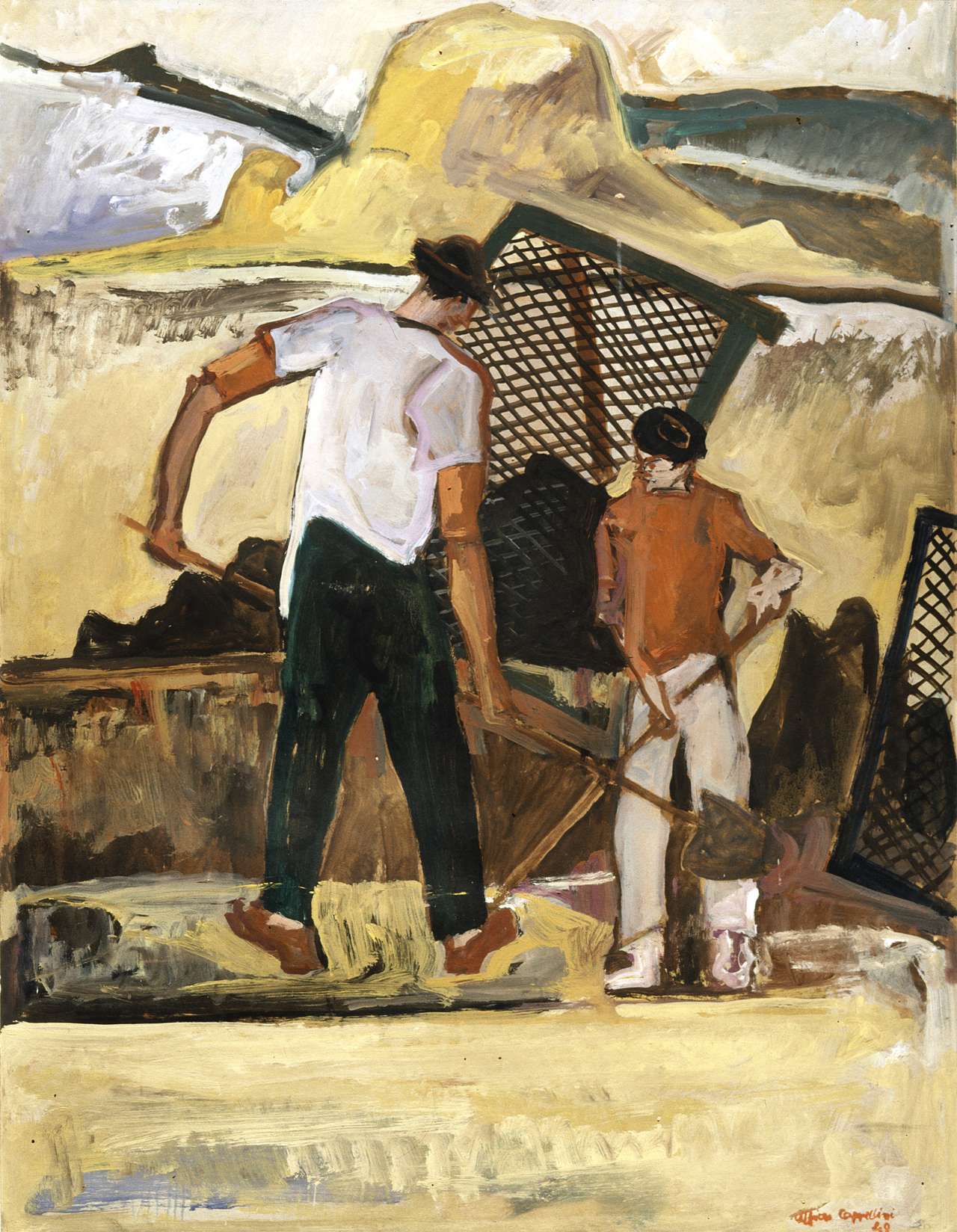 renaioli sul Mugnone, lavoratori (dipinto) di Cappellini Alfiero (sec. XX)