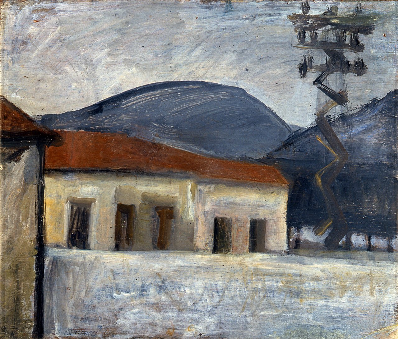 Casolare, paesaggio con architetture (dipinto) di Marcucci Mario (prima metà sec. XX)