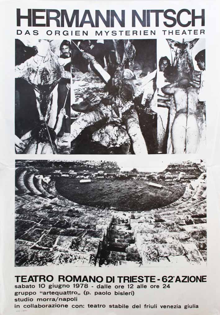 Immagine composita da tre momenti di una performance e veduta del teatro romano di Trieste (manifesto) di Hermann Nitsch (attribuito) - ambito friulano (seconda metà XX sec)