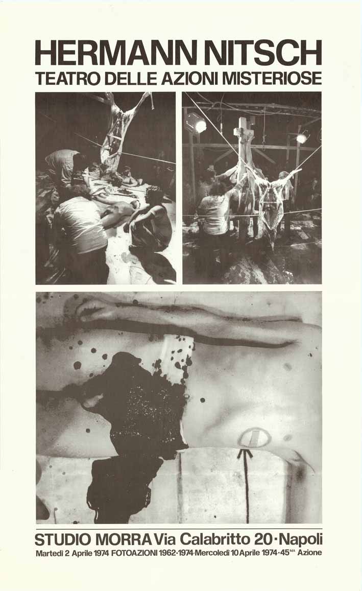 particolare anatomico maschile con fluidi organici, uomini con animali smembrati (manifesto) di Hermann Nitsch (attribuito) - ambito campano (seconda metà XX sec)