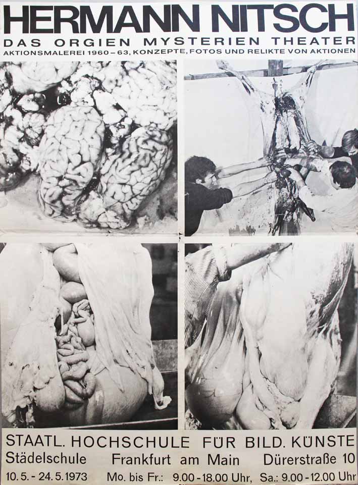 Organi interni di animale, uomini nell'atto di smebrare un animale (manifesto) di Hermann Nitsch (attribuito) - ambito tedesco (seconda metà XX sec)