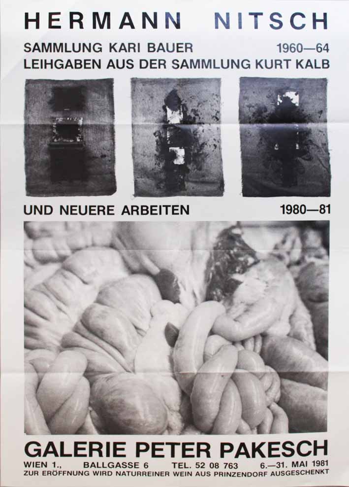 Tre opere pittoriche e materiale organico (manifesto) di Hermann Nitsch (attribuito) - ambito austriaco (seconda metà XX sec)