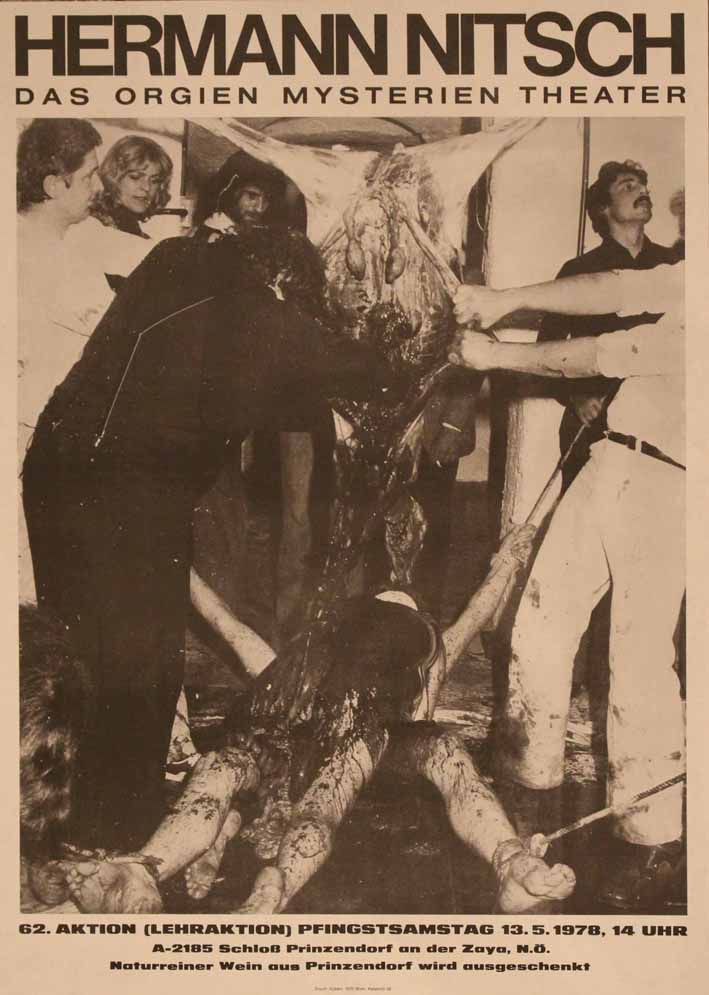 due uomini distesi e legati sui cui è lasciato cadere liquido organico di un animale smembrato da due uomini (manifesto) di Hermann Nitsch (attribuito) - ambito austriaco (seconda metà XX sec)