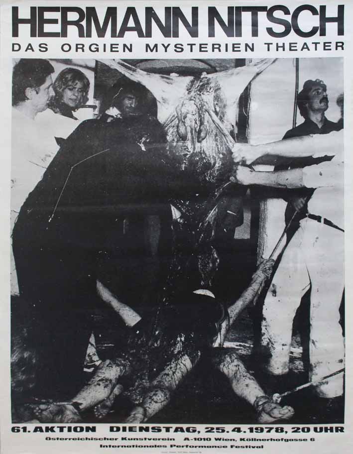 due uomini distesi e legati sui cui è lasciato cadere liquido organico di un animale smembrato da due uomin (manifesto) di Hermann Nitsch (attribuito) - ambito austriaco (seconda metà XX sec)