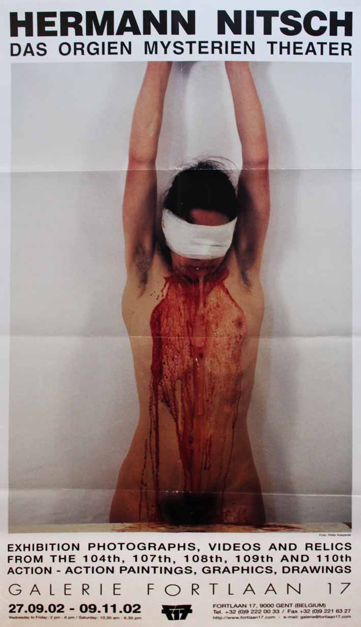 Donna nuda, bendata e cosparsa di fluidi organici (manifesto) di Hermann Nitsch (attribuito) - ambito belga (prima metà XXI sec)