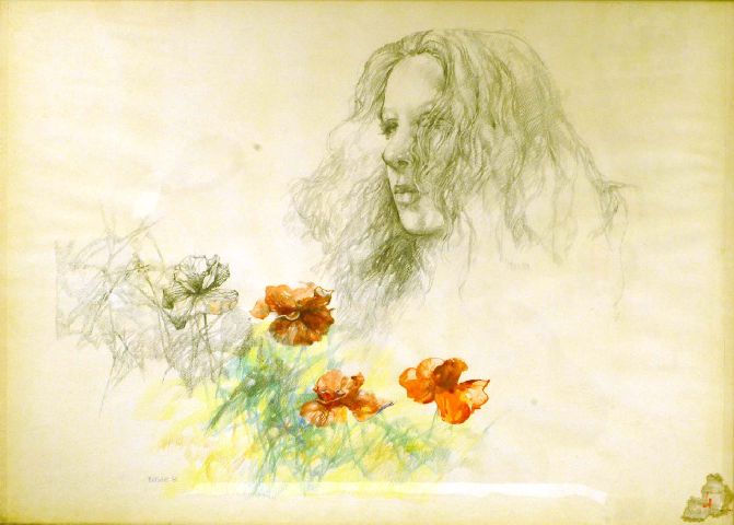 Volto di donna con fiori, volto donna con fiori (disegno) di Basile (sec. XX)