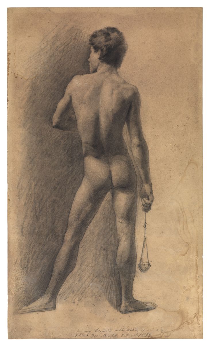 giovane nudo di spalle con fionda (disegno) di Volpi Elia (sec. XIX)