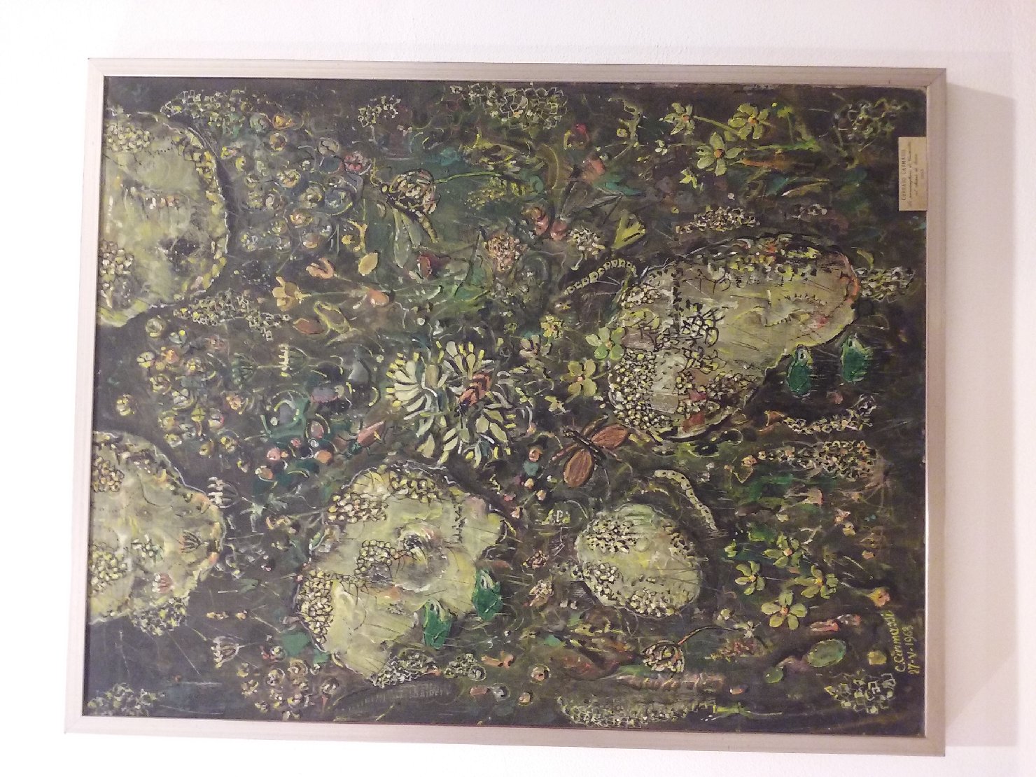 Le pozzanghere di Crimella al chiaro di luna, Fiori, bruchi e insetti di una pozzanghera (dipinto) di Corrado Carmassi (attribuito) (sec. XX)