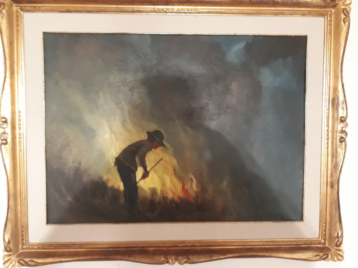 L'incendio degli sterpi, contadino che brucia gli sterpi (dipinto) di Anchise Picchi (attribuito) (sec. XX)